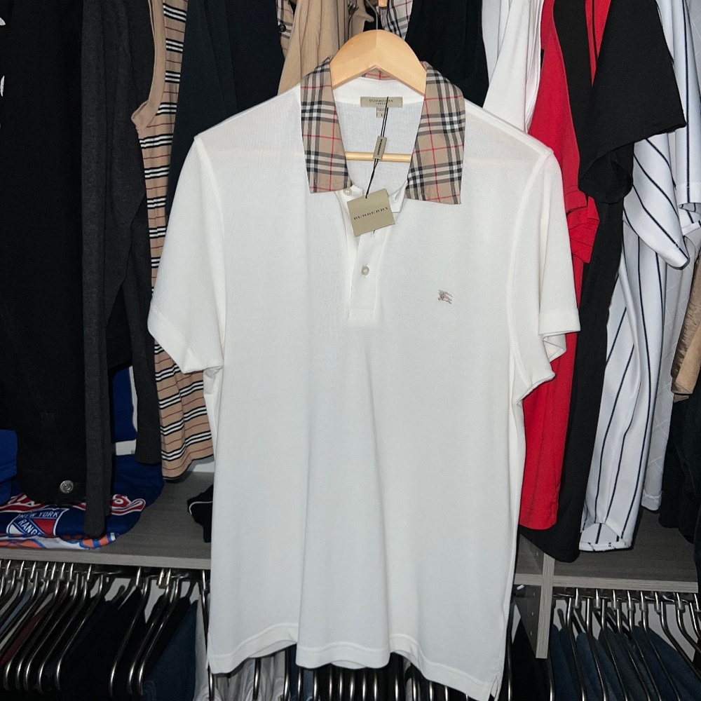 Burberry Mens Polo Shirt White Nova Check Collar Embroidered Knight L Large NWT